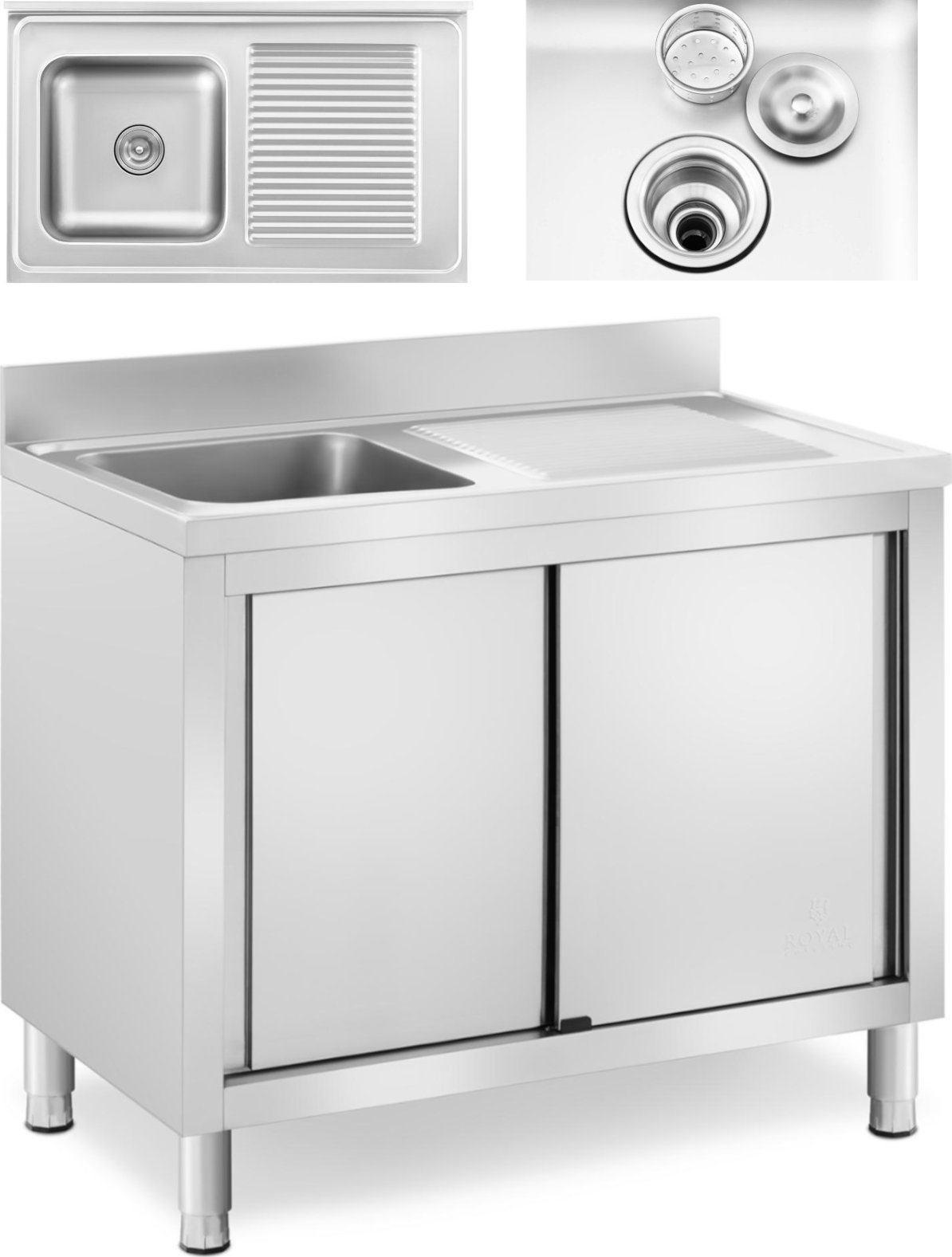 Royal Catering Zlew basen gastronomiczny jednokomorowy z szafką z drzwiami przesuwnymi lewy 100 x 60 x 95 cm Zlew basen gastronomiczny jednokomorowy z