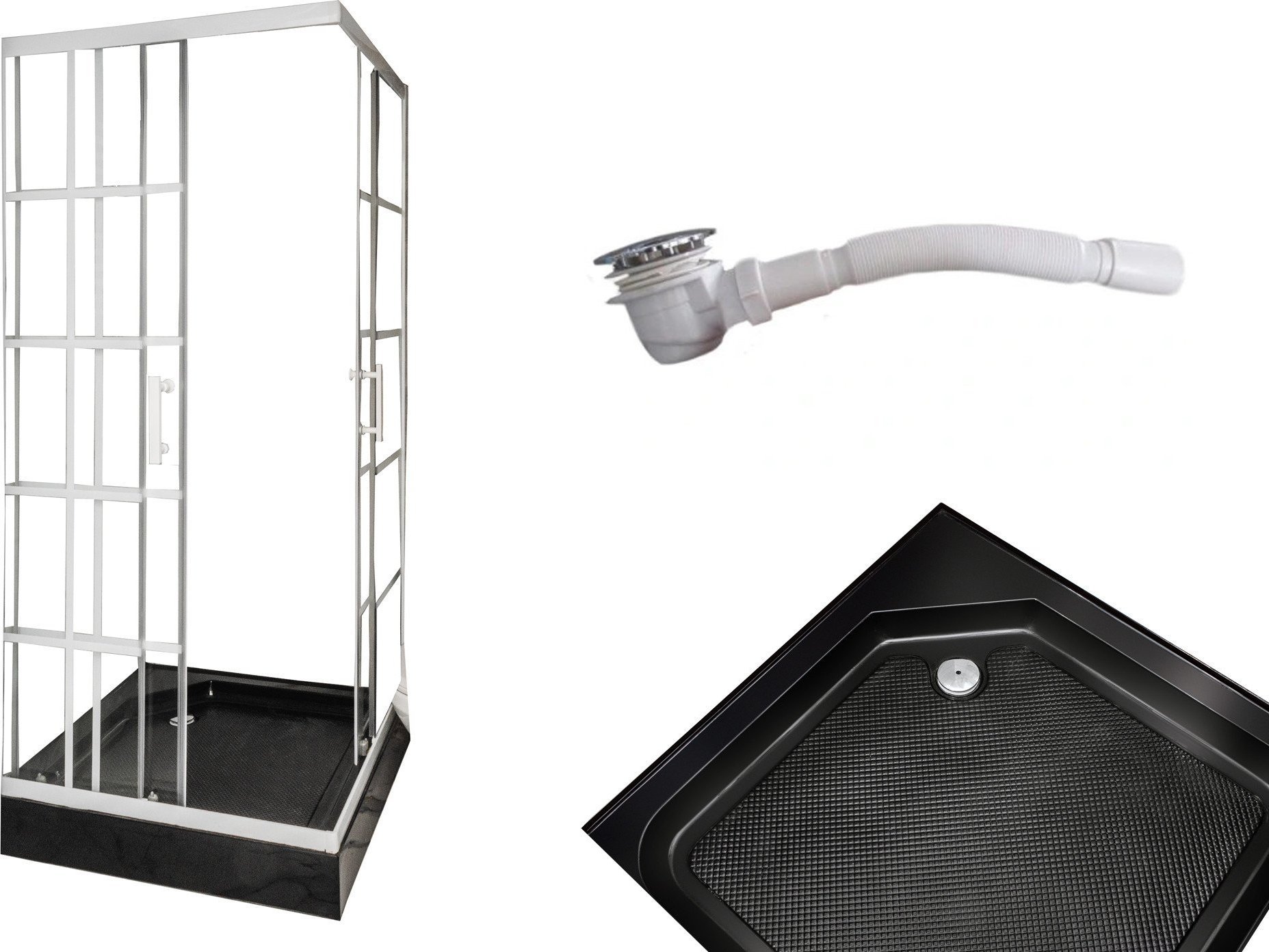 Toule Zestaw Kabina prysznicowa 90x90 biała LOFT czarny brodzik 13cm z syfonem