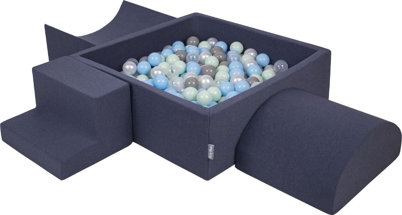 KiddyMoon KiddyMoon Piankowy plac zabaw PPZP-KW30D-134 z piłeczkami granatowy: perła-szary-transparent-babyblue-mięta basen 300/rampa L/półwałek L/sch