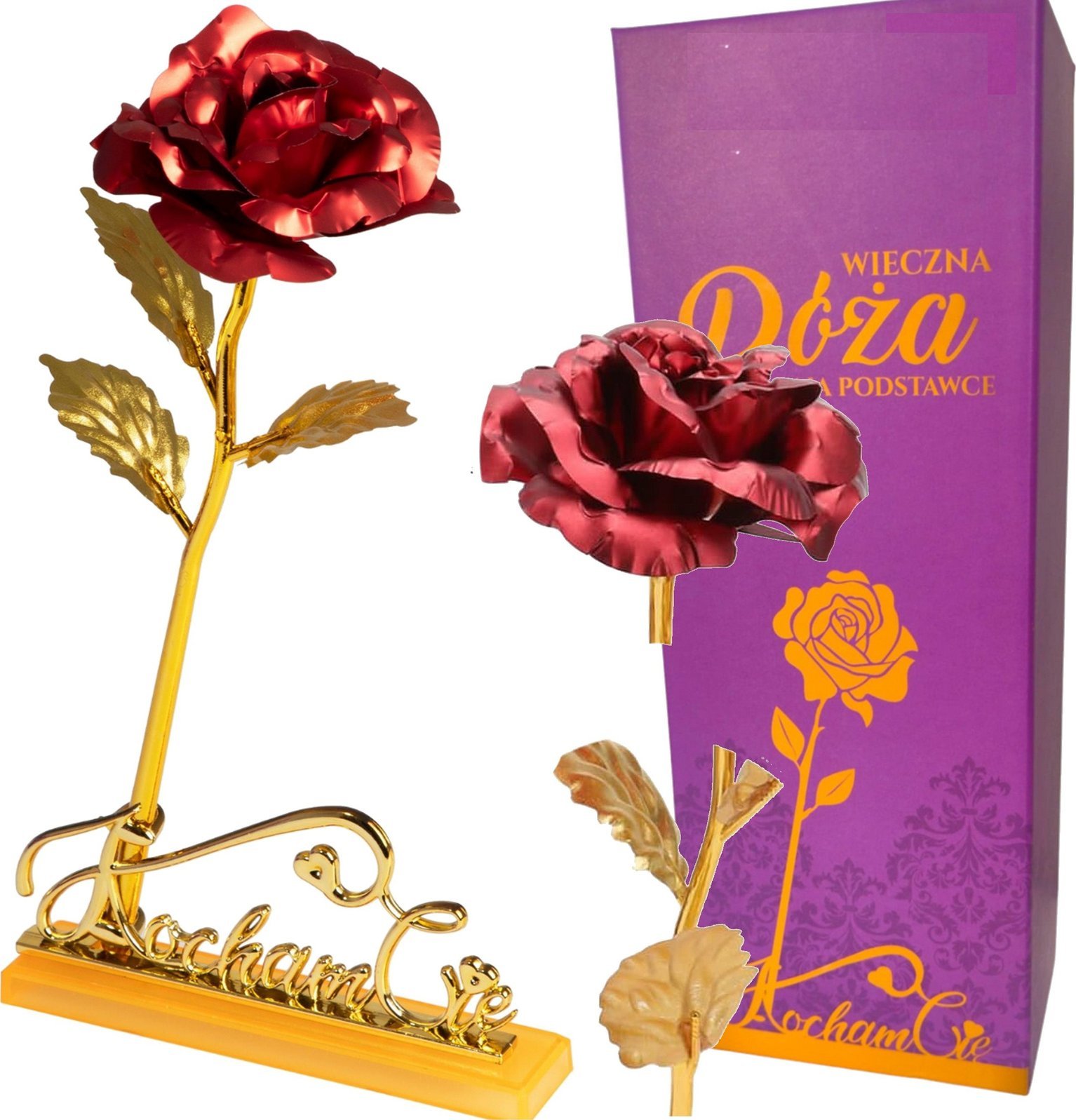 WIECZNA RÓŻA CZERWONA ZŁOTA ŁODYGA KOCHAM CIĘ NA PREZENT TOREBKA