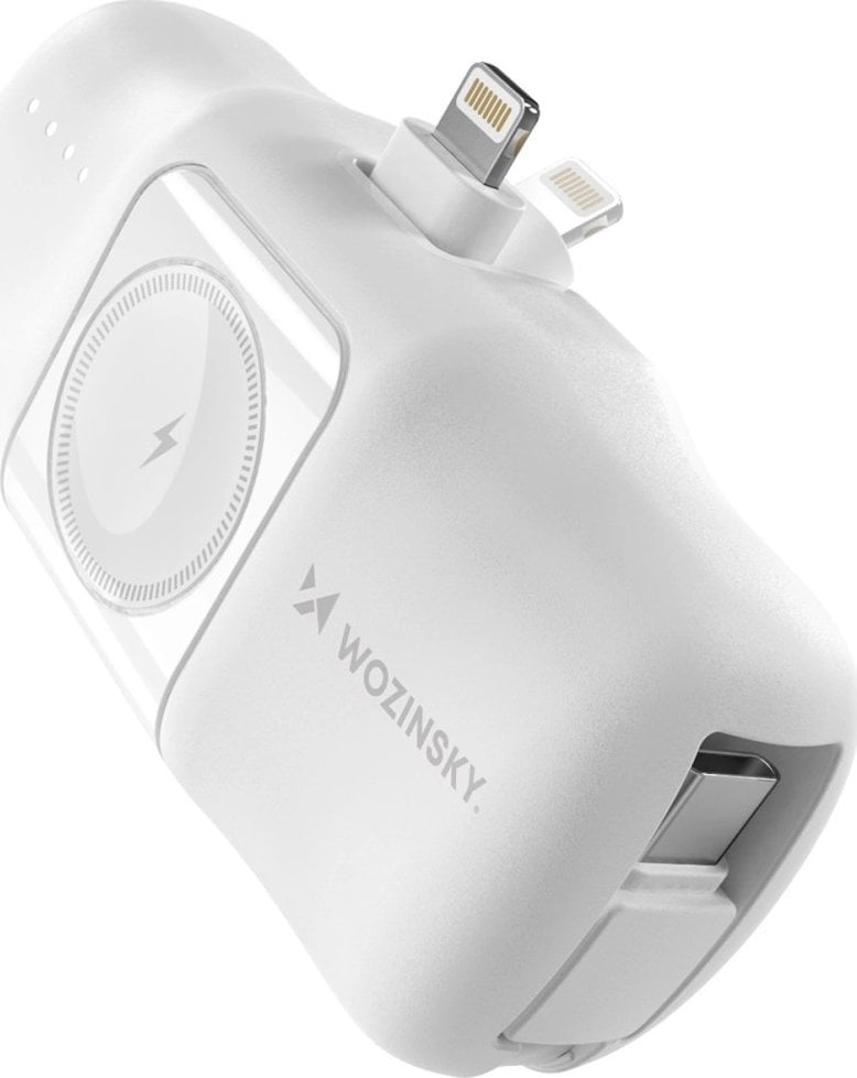 Mini powerbank Wozinsky WF16-YLS 5000mAh 15W Lightning z wbudowanym kablem USB-C i ładowarką do Apple Watch - biały