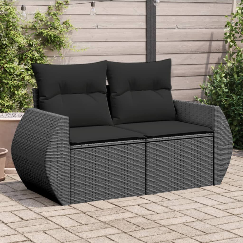vidaXL Sofa ogrodowa z poduszkami, 2-osobowa, czarna, polirattan