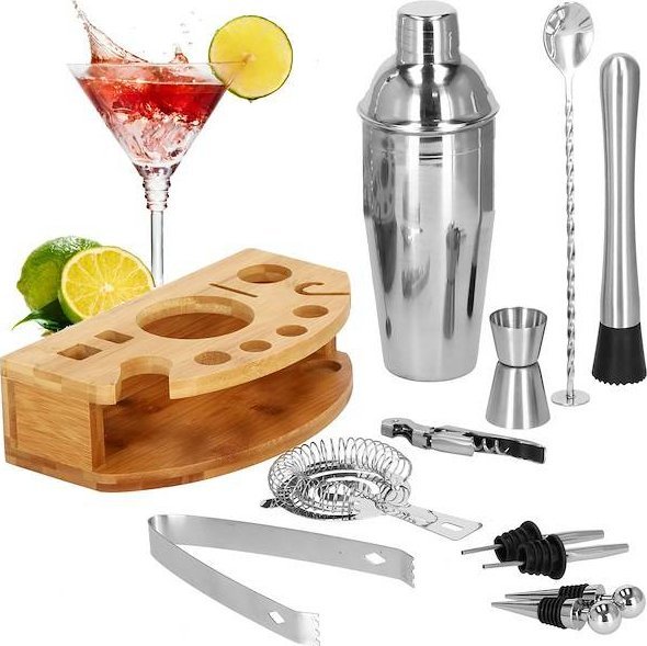 Springos Zestaw barmański 12 elementów do drinków z podstawką bambusową srebrny UNIWERSALNY
