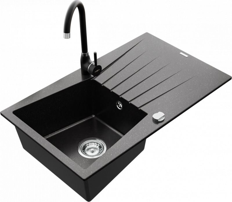 Zlewozmywak Mexen Mexen Cesar zlewozmywak granitowy 1-komorowy z ociekaczem i baterią kuchenną Telma, czarny/srebrny - 6514-73-670200-70
