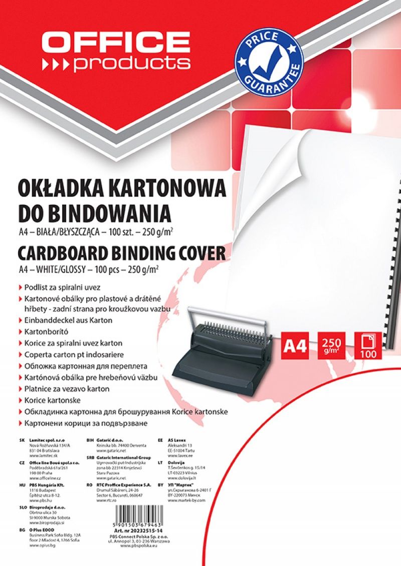 Office Products OKŁADKI DO BINDOWANIA OFFICE PRODUCTS, KARTON, A4, 250GSM, BŁYSZCZĄCE, 100SZT., BIAŁE 20232515-14