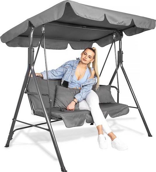 Springos Huśtawka ogrodowa 3-osobowa z daszkiem LUNA szara z poduszkami