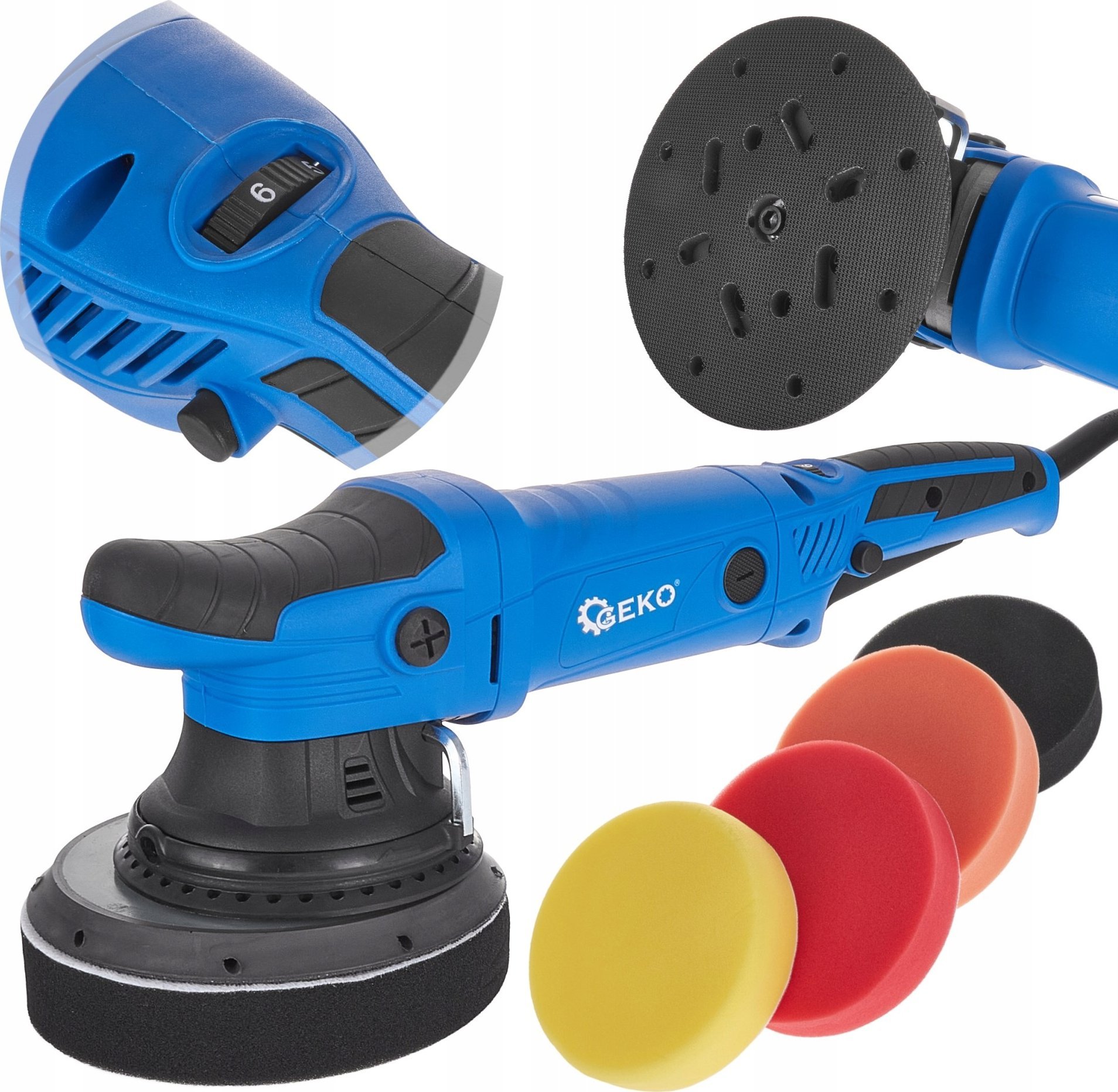 Geko Polerka samochodowa DUAL ACTION z regulacją 150mm PREMIUM + zestaw 4 gąbek (4)