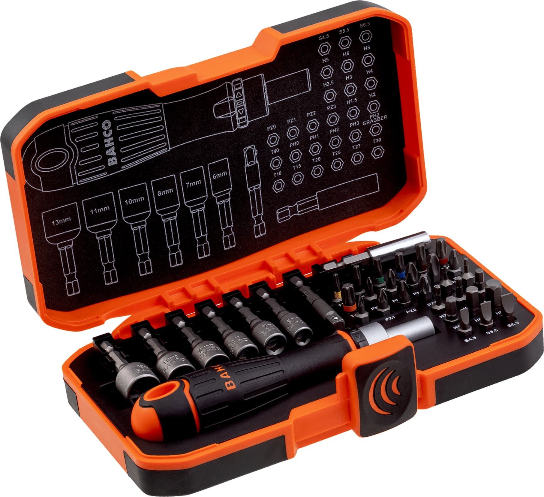 Bahco Zestaw bitów 1/4" płaskich/Phillips/Pozidriv/TORX/sześciokątnych i uchwyt wkrętaka grzechotkowego - 36 szt. BAHCO