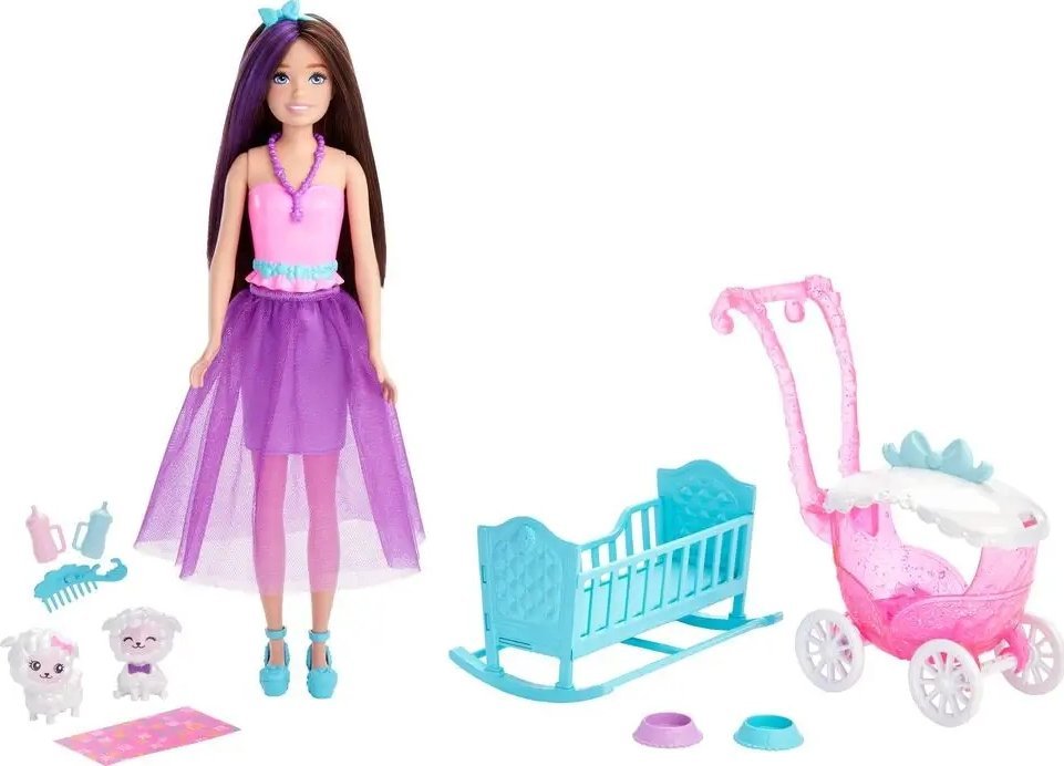 Lalka Barbie Barbie LALKA BARBIE SKIPPER Z WÓZKIEM I BOBASAMI OWIECZKI Wózek HLC29 Dreamtopia