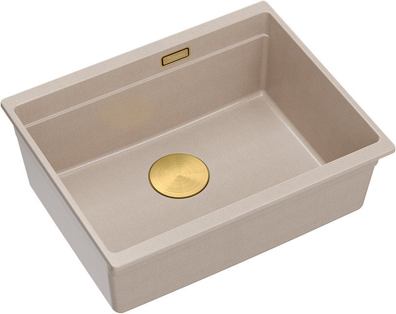 LOGAN 100 GraniteQ zlewozmywak pearl beige 56x45x21,5 cm 1-komorowy podwieszany z syfonem manualnym złoty+zestaw 2 noży Fiskars