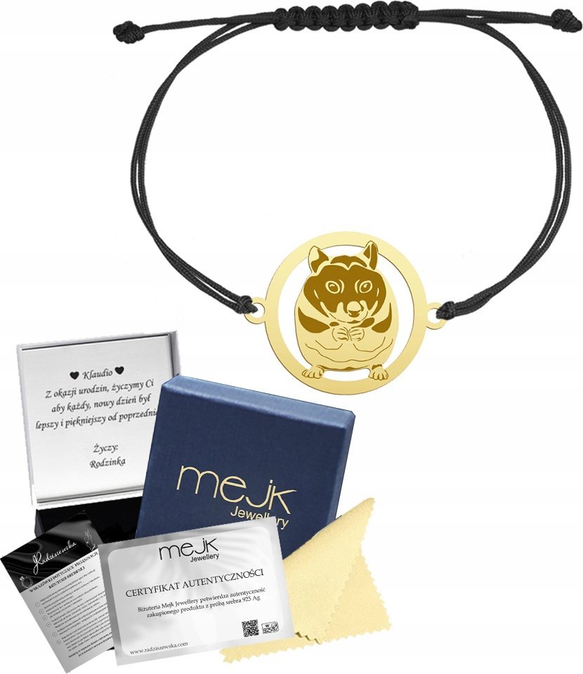 Radziszewska Jewellery Bransoletka Złota z Chomikiem Sznurek SREBRO 925 Prezent Dziecko GRAWER