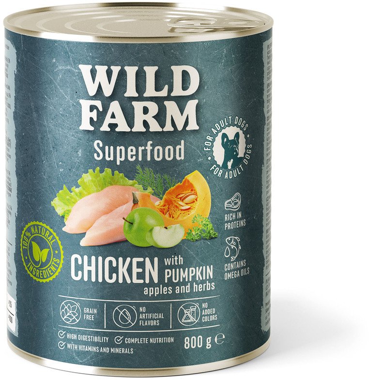 WILD FARM Superfood Chicken (Kurczak z dynią, jabłkiem i ziołami) 800g bezzbożowa karma dla psa