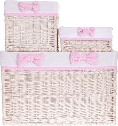 WickerPL Zestaw 3 koszy wybielanych obszytych białą tkaniną z różową kokardą S 30x30 H15 M 30x30 H30 L 60x40 H40