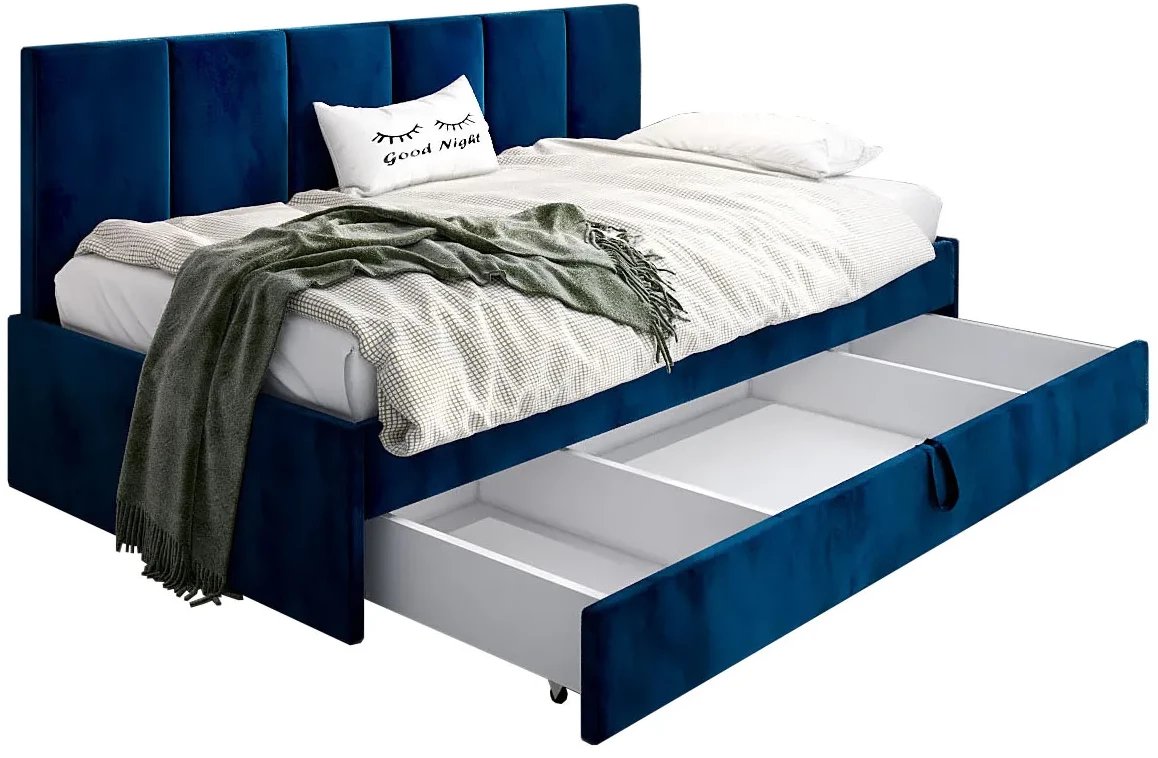 Łóżko młodzieżowe SORA 2 80x200 granatowe z tapicerowanym panelem i szufladą MKPOL