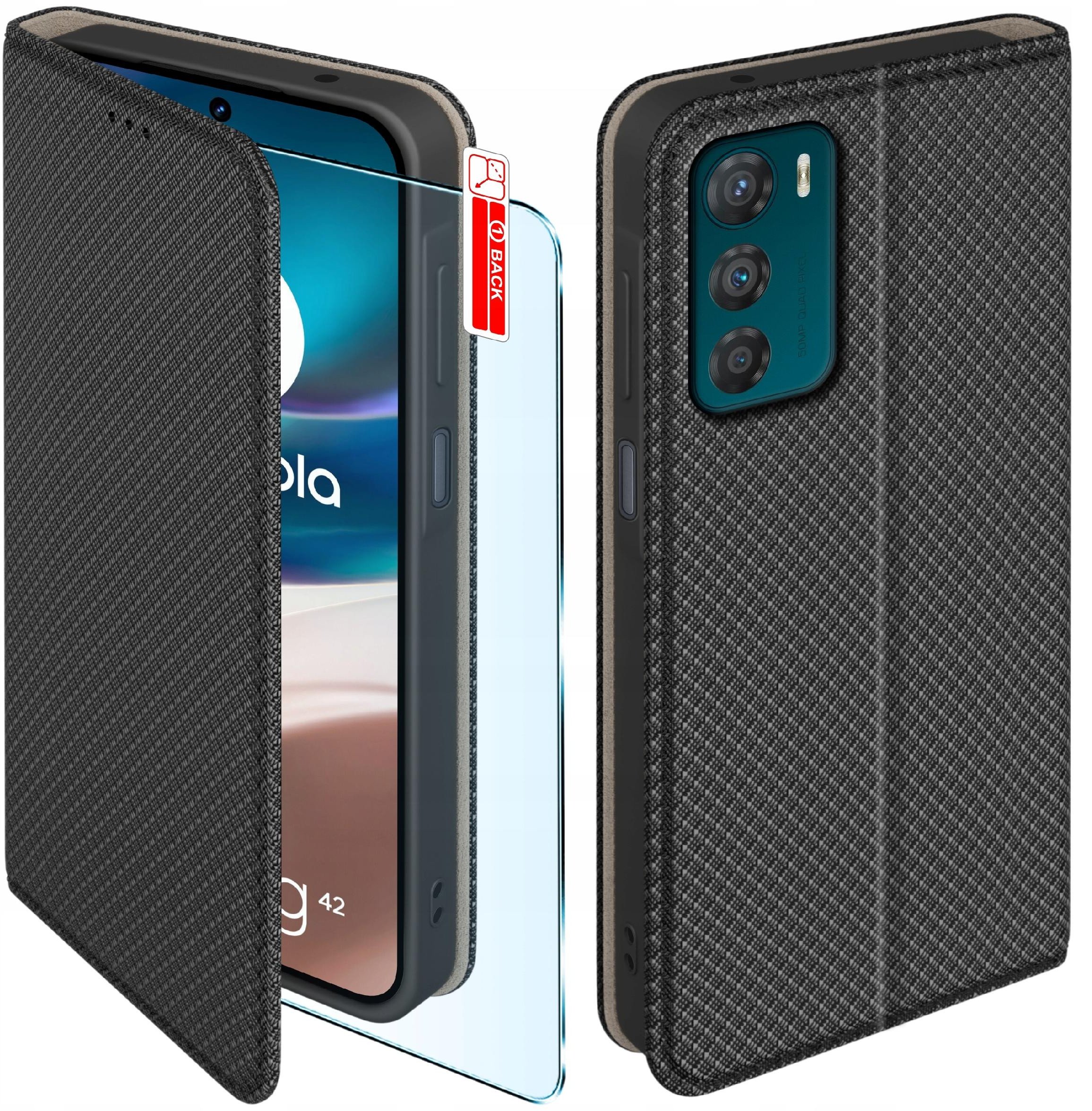 Etui z klapką do Motorola Moto G42 Zamykane Czarne Futerał + Szkło 9H