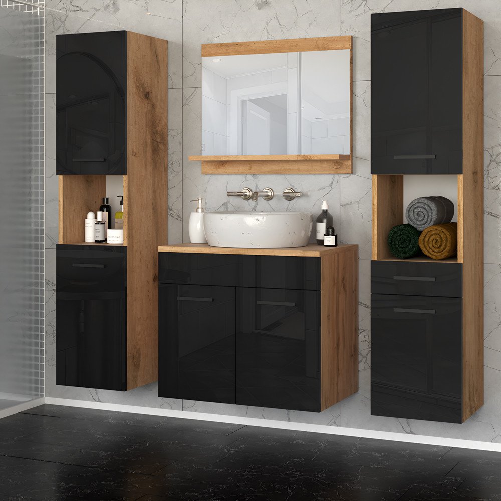 Meble Łazienkowe Szafka Pod Umywalkę Z Lustrem Słupek Wotan Czarny Połysk