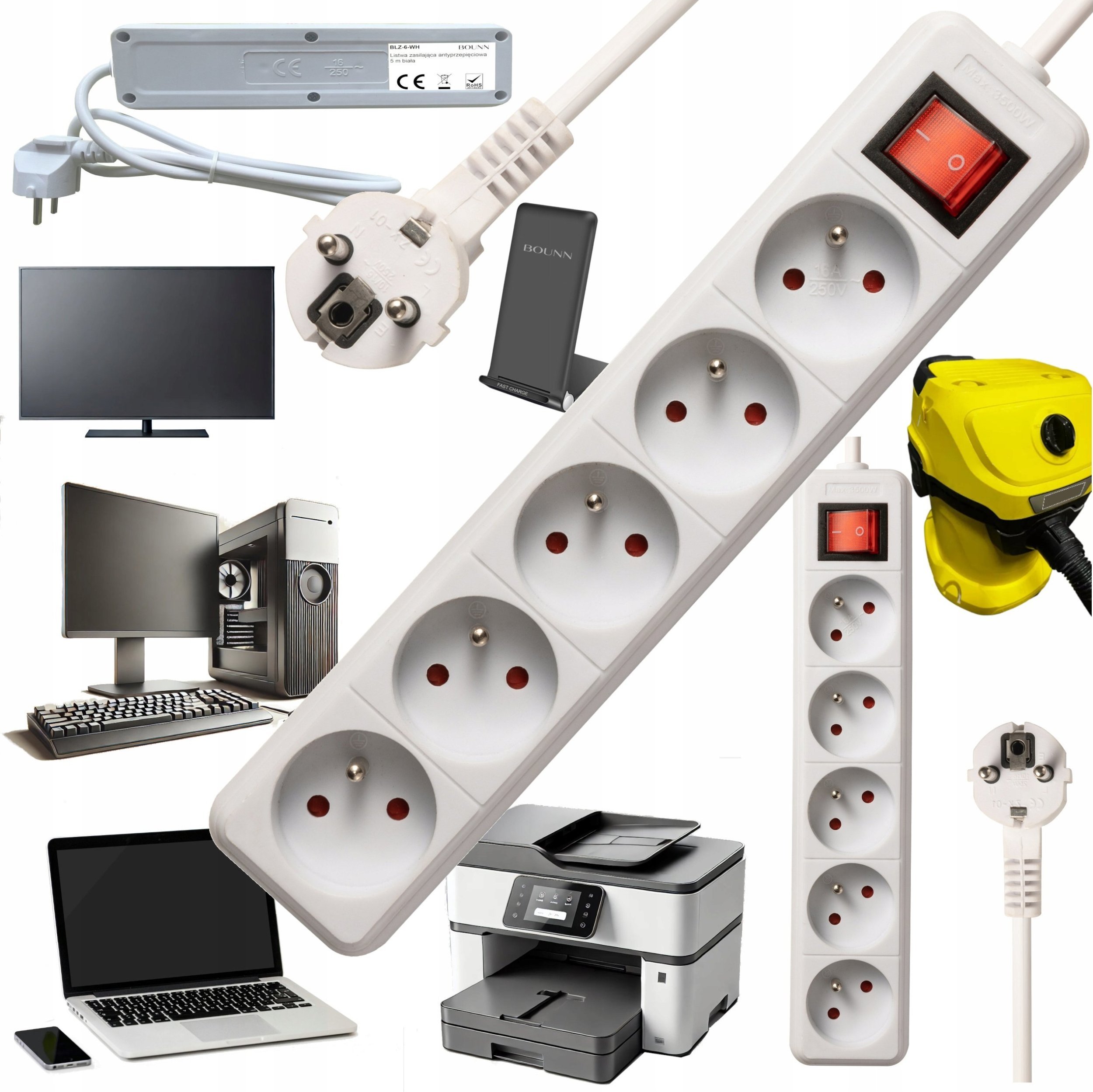 Listwa zasilająca Bounn BOUNN listwa zasilajÄca antyprzepiÄciowa 5 gniazd 5 m biaÅa 16A