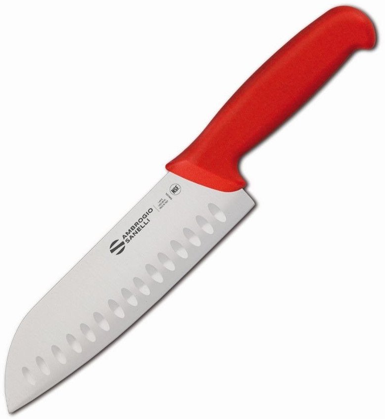 Nóż Santoku Sanelli Ambrogio Supra, ostrze granton, 18 cm, czerwony