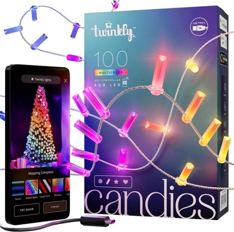 Lampki choinkowe Twinkly Twinkly Candies - 100 Lampki w kształcie świeczki RGB LEDs, przezroczysty przewód, USB-C