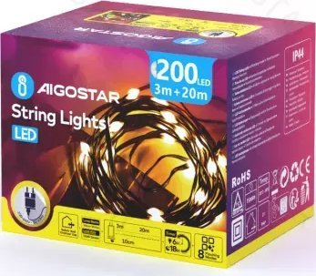 Lampki choinkowe Aigostar Niskonapięciowe lampki choinkowe 200 led taśmowe Ciepła biel, 20 m Niskonapięciowa taśma świetlna PVC i miedź, Ciepła biel,