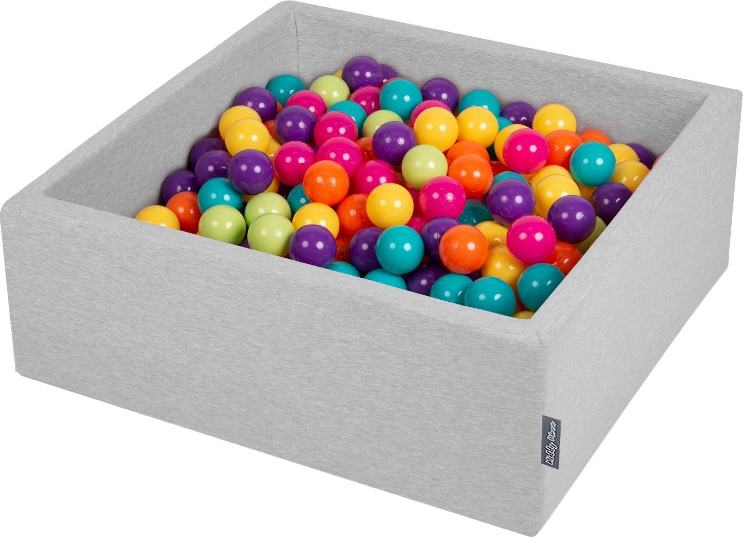 KiddyMoon Suchy basen kwadratowy z piłeczkami 7cm jasnoszary: jasny zielony-żółty-turkus-pomarańcz-ciemny róż-fiolet 90x30cm/300piłek Zabawka basen pi