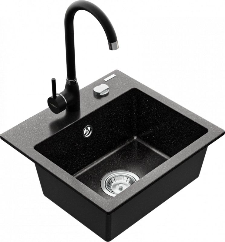Zlewozmywak Mexen Mexen Milo zlewozmywak granitowy 1-komorowy z baterią kuchenną Telma, czarny/srebrny - 6505-73-670200-70