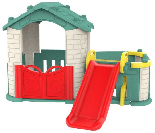 Ramiz Duży Domek ogrodowy 5w1 dla dzieci + Zjeżdżalnia + Koszykówka + Ogródek + Stolik + 2 Krzesełka Zielony Dach