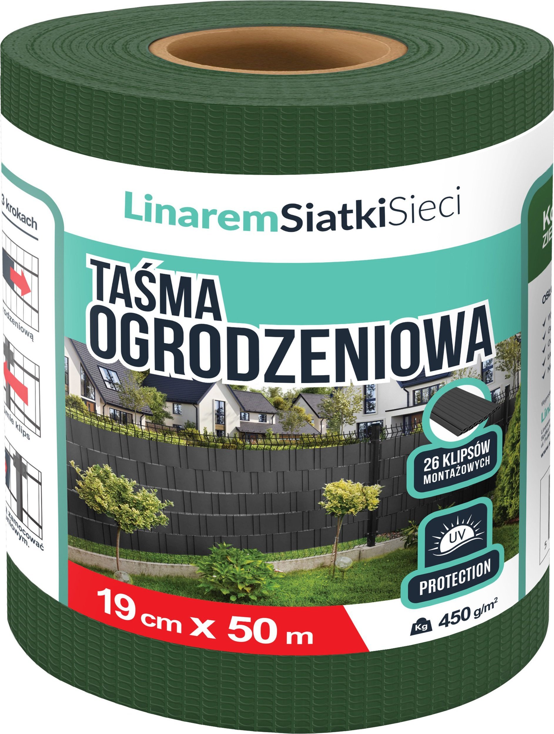 Linarem SiatkiSieci TAŚMA OGRODZENIOWA ZIELONA 19cmx50m OSŁONA NA OGRODZENIE PANELOWE PŁOT +UV