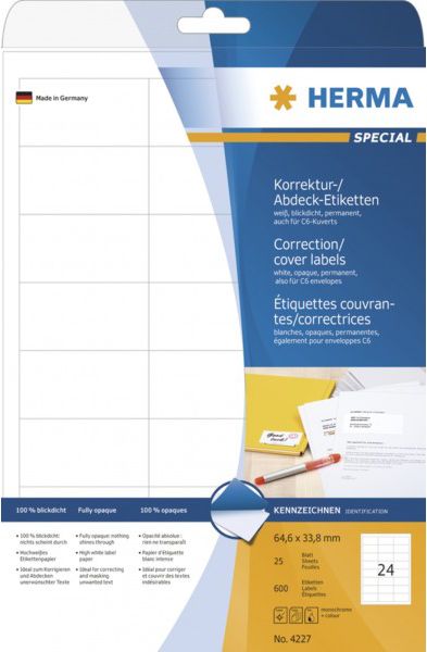 Herma Etykiety samoprzylepne kryjące 4227, A4, 64,4 x 33,8 mm., papier biały nieprzezroczysty mat, 600 szt.