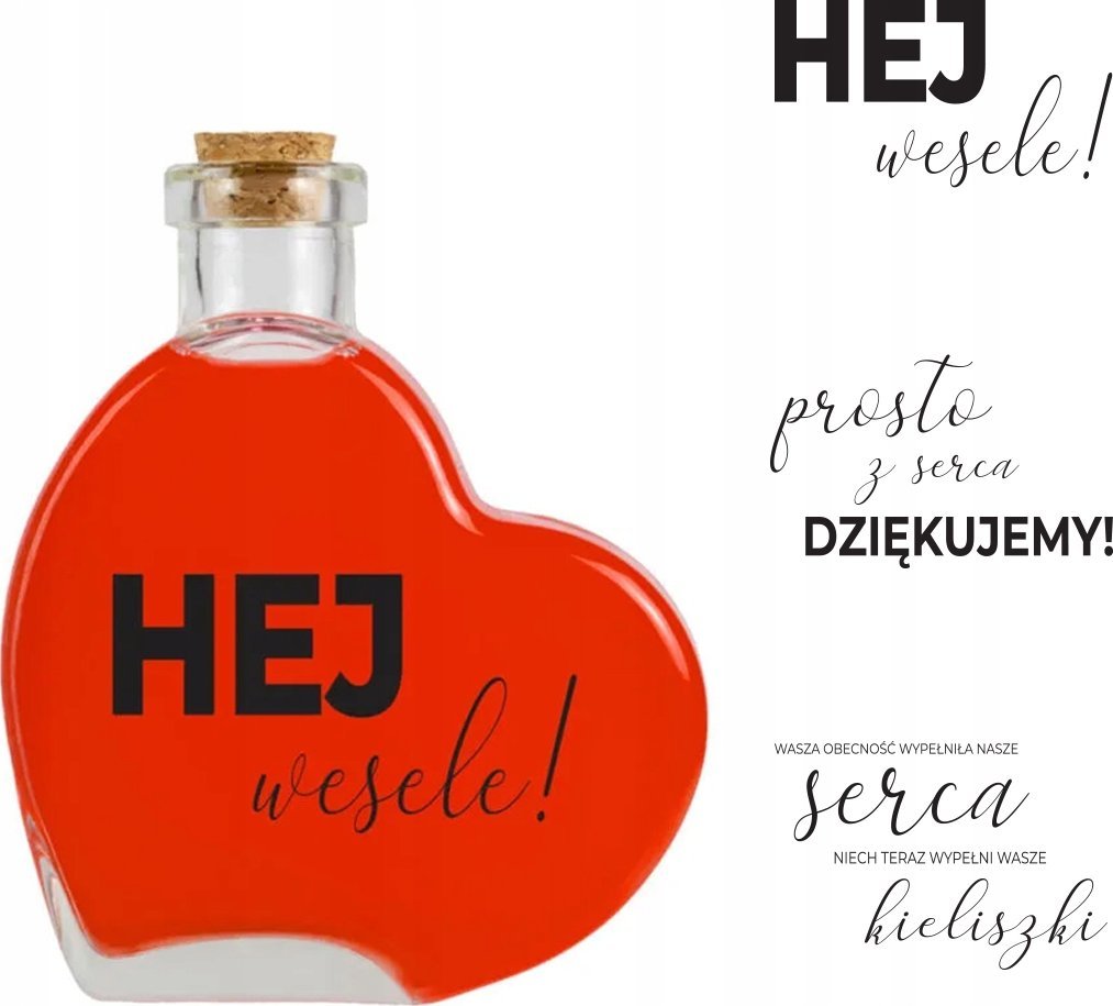 Butelka Na Wesele SERCE 250ml Szklane Butelki Z Nadrukiem Prezent Dla Gości