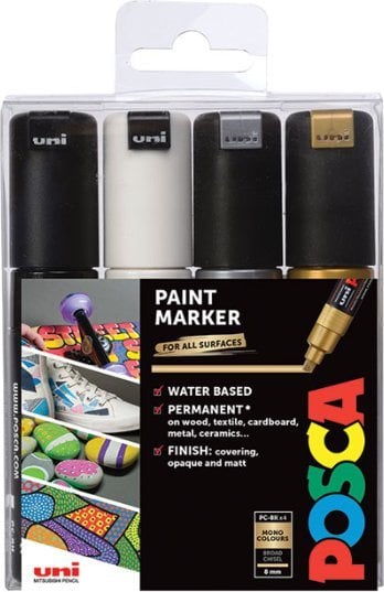 Posca Posca - PC8K - Broad Tip Pen - Gold, Silver, Black and White, 4 pc