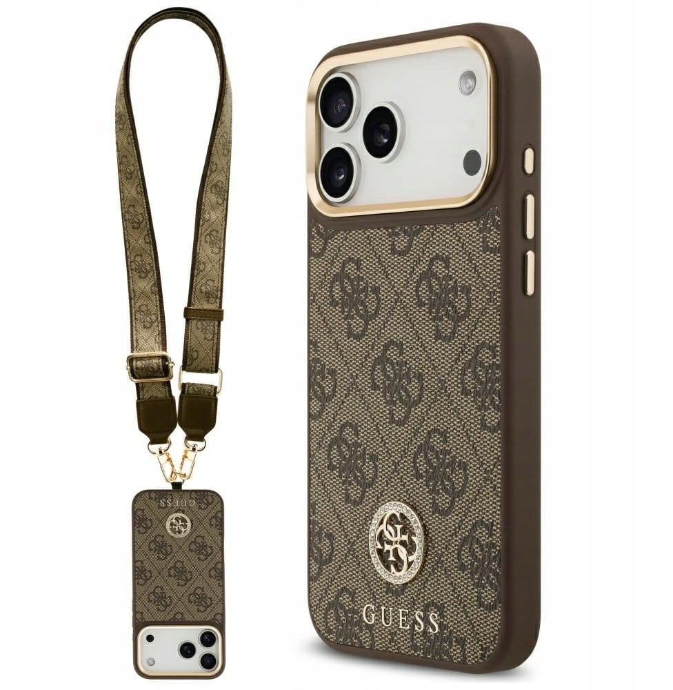 Guess Etui 4G Strass Logo & Big Strap Metal Buttons MagSafe do iPhone 17 Pro Max brązowy