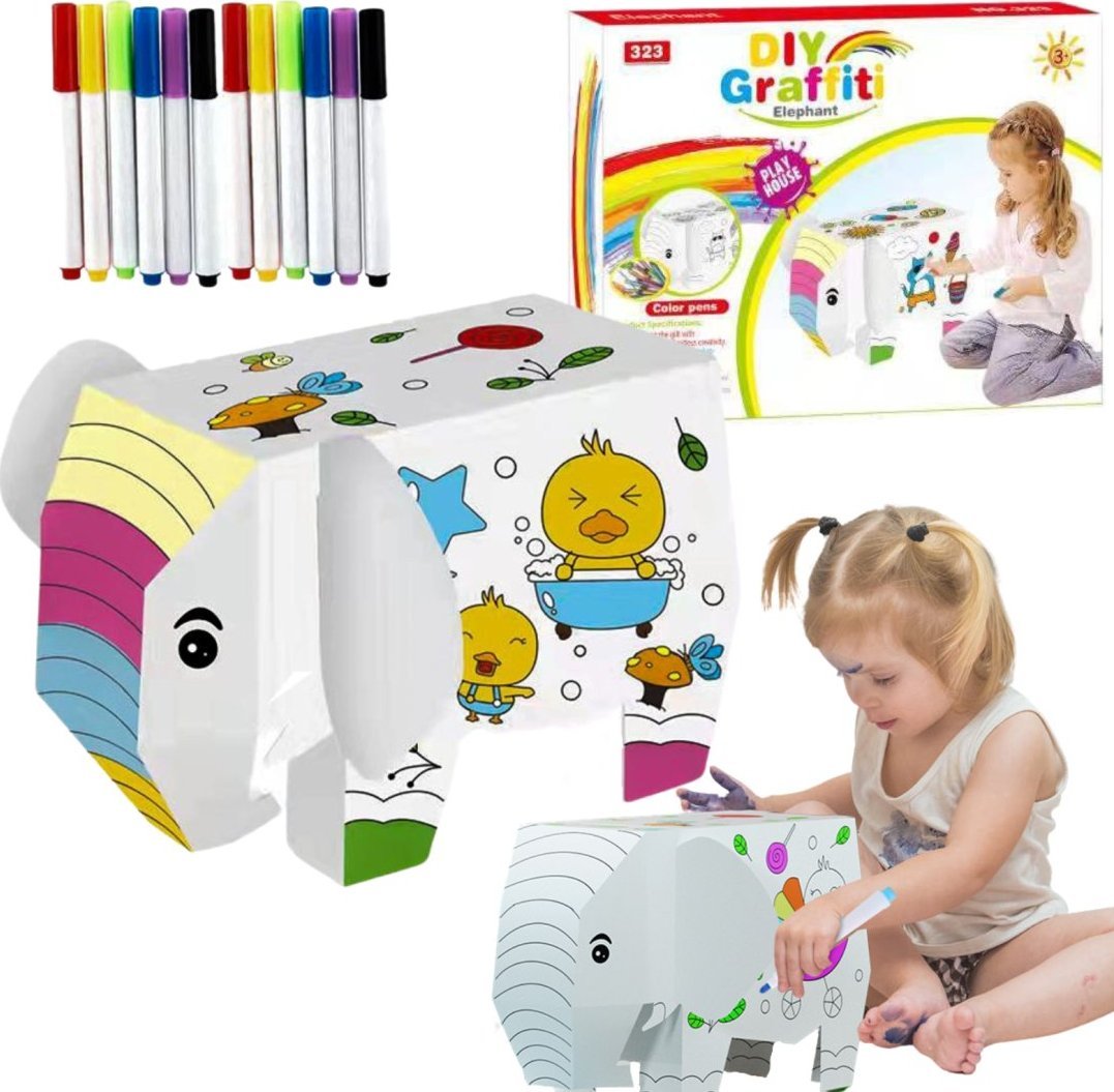 ZESTAW ARTYSTYCZNY SŁOŃ KARTONOWY DO MALOWANIA SKŁADANIA KOLOROWANIA MAZAKI