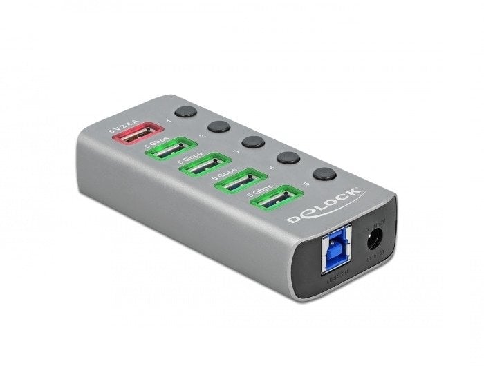 HUB USB Delock Hub USB 5 Gbps z 4 Portami + 1 Portem ładowania + 1 Portem USB-C PD 3.0 z przełącznikiem i podświetleniem