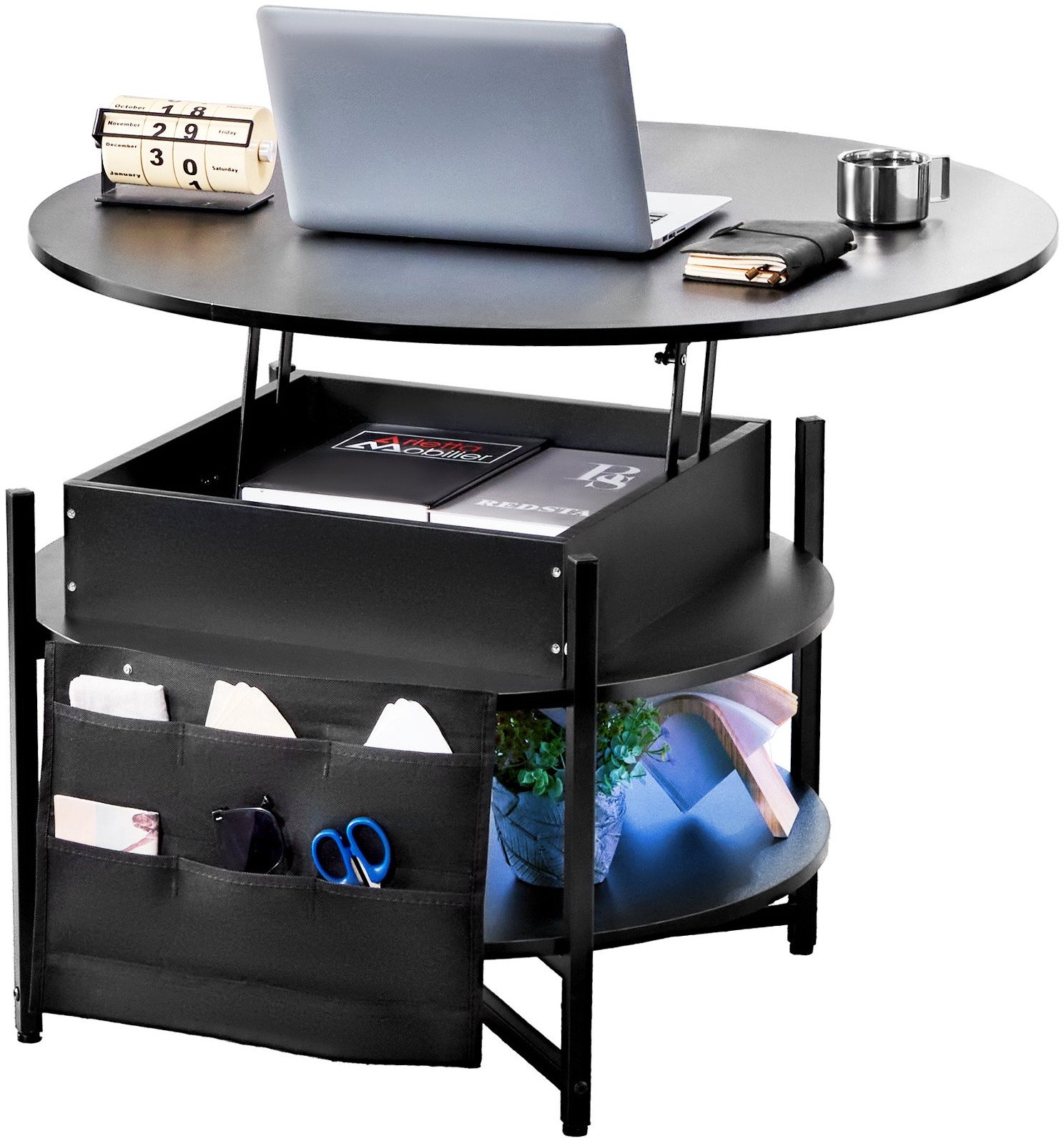 Stolik kawowy okrągły z podnoszonym blatem schowkiem 90 cm