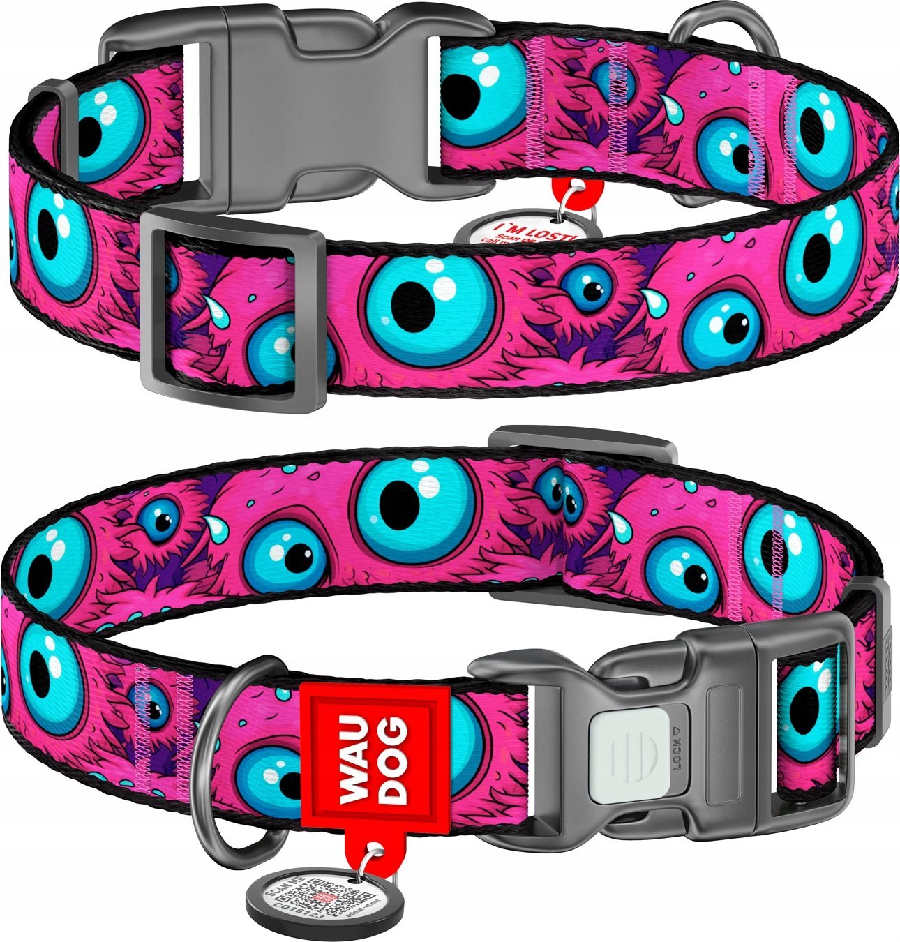 Collar WAU DOG OBROŻA NYLON Z ADRESÓWKĄ QR 15mm/25-35cm MONSTER EYE