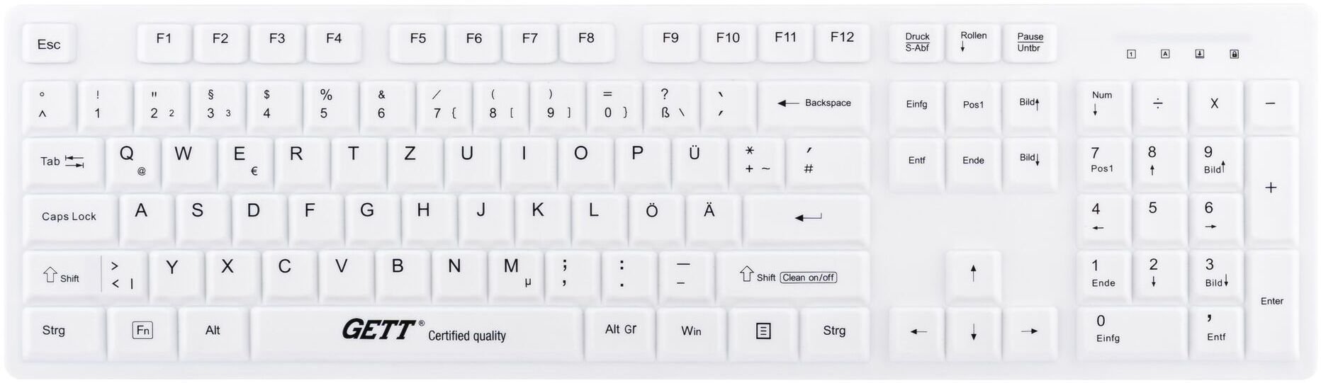 Klawiatura Gett GETT GCQ CleanType Easy Protect Silikonowa klawiatura z obudową z tworzywa sztucznego NUM-Block 105 Tasten IP68 USB Farbe: biały Layou