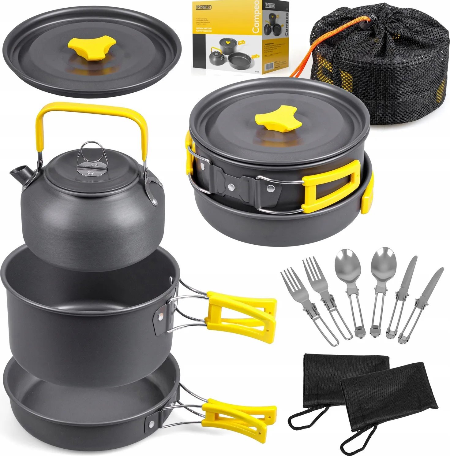 ZESTAW NACZYNIA TURYSTYCZNE CAMPEO Garnki Sztućce Patelnia CZAJNIK ETUI