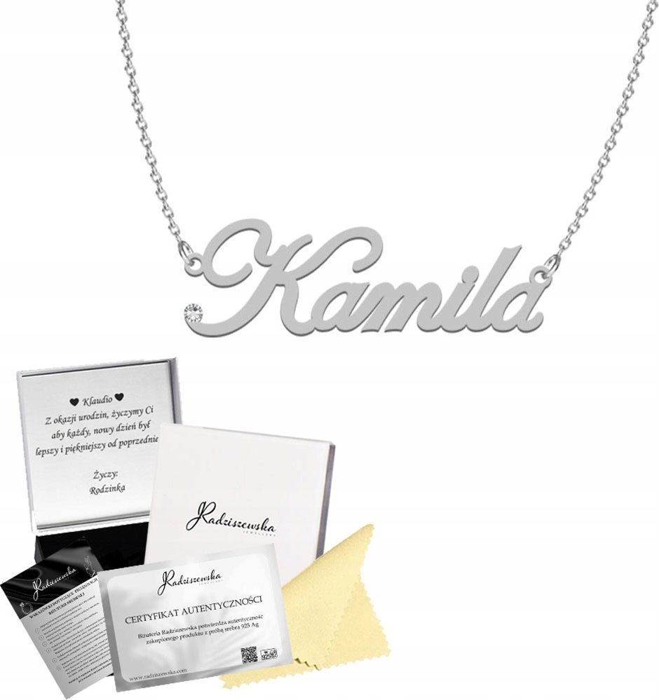 Radziszewska Jewellery Naszyjnik Srebrny z Imieniem Kamila Łańcuszek SREBRO 925 DEDYKACJA GRATIS