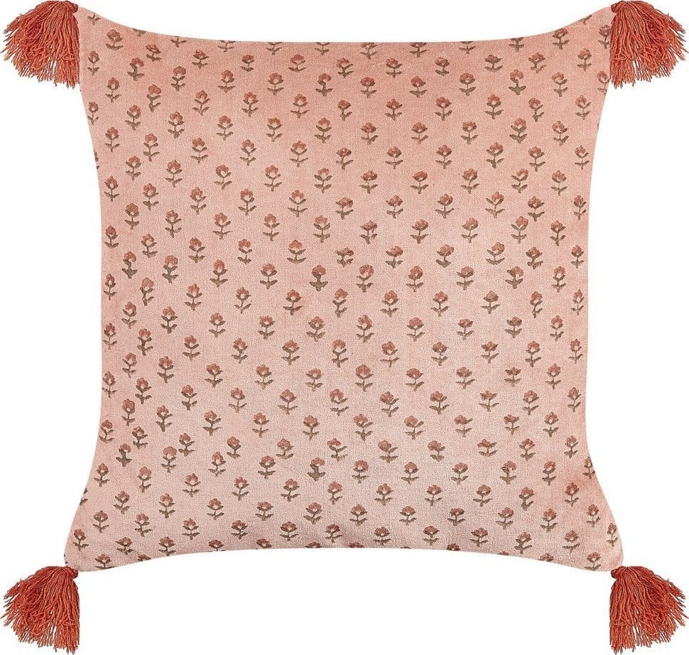 Beliani Welurowa poduszka dekoracyjna z frędzlami roślinny motyw 45 x 45 cm różowa RUMHORA!