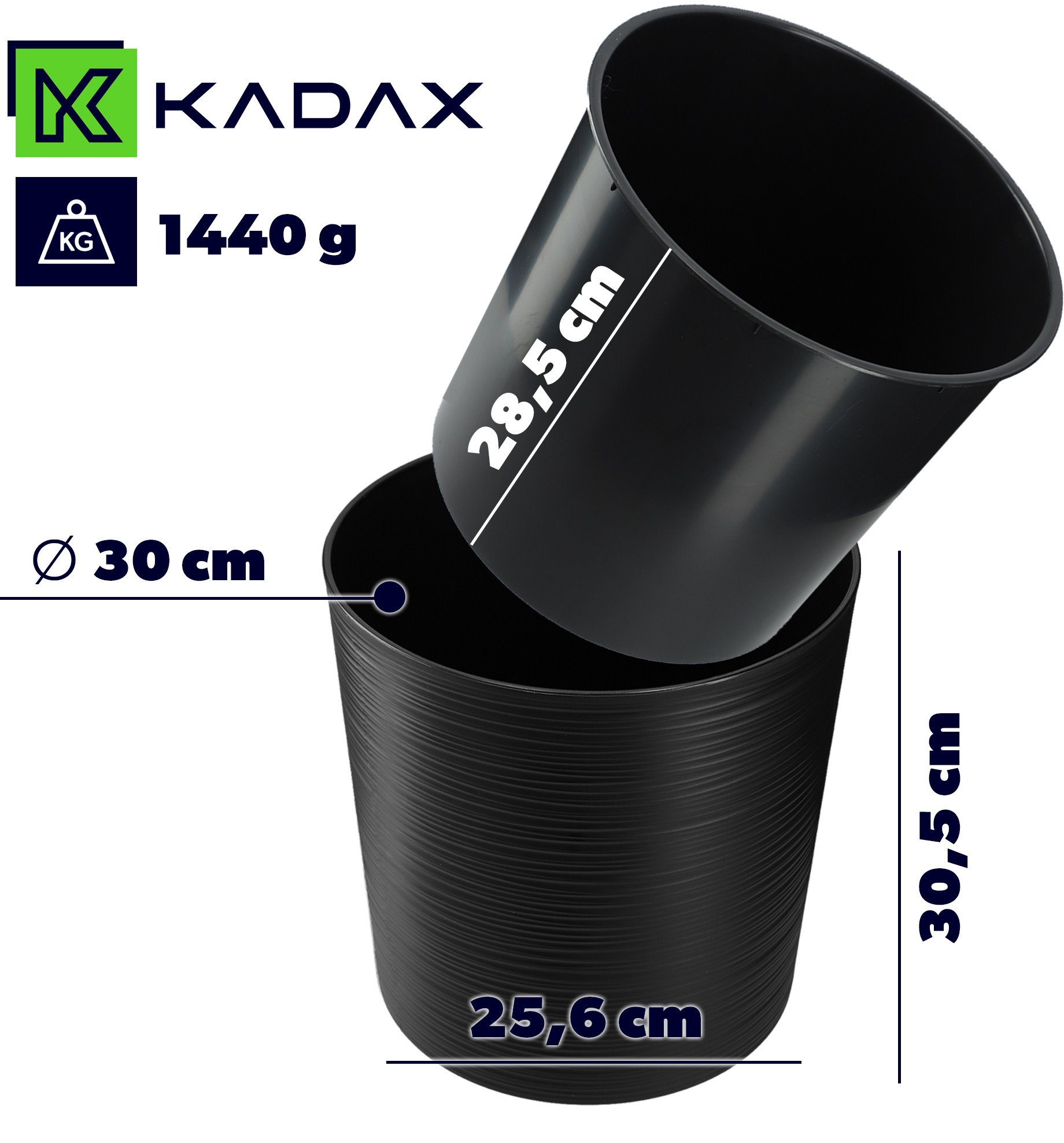 KADAX Doniczka Donica Na Kwiaty 30cm Osłonka Z Wkładem Kwietnik Plastikowa Czarna