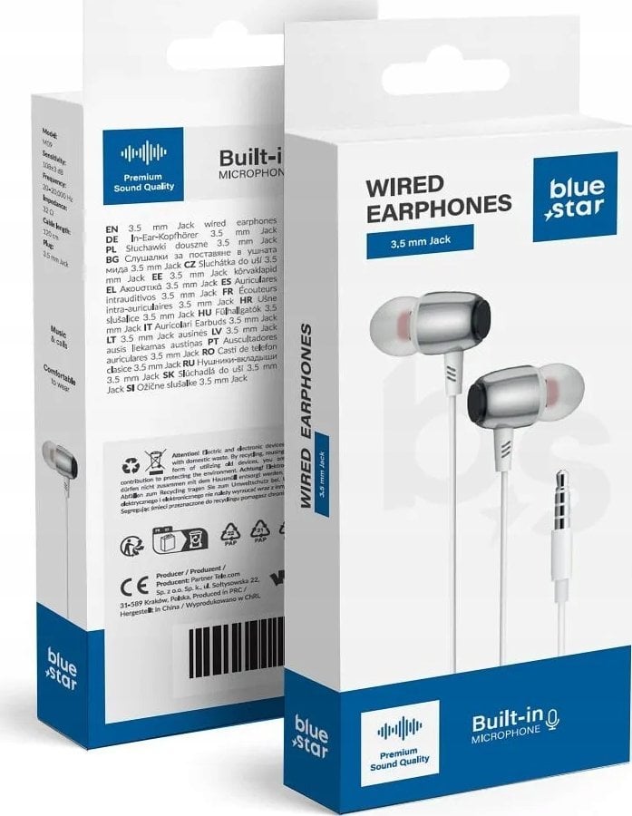 BLUE STAR słuchawki przewodowe Jack 3,5 mm z mikrofonem M09 1,2 m białe