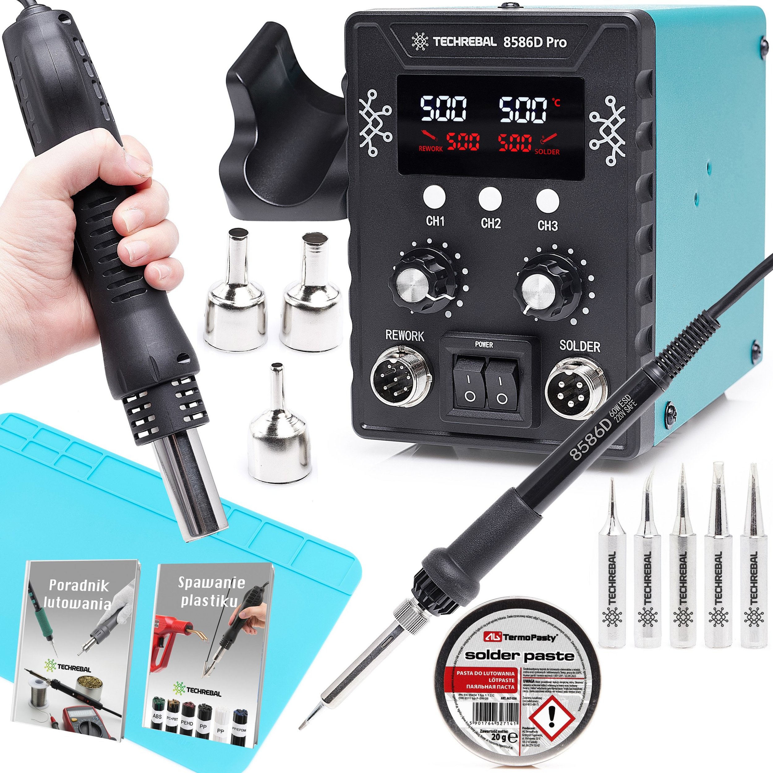 Zestaw Stacja Lutownicza 2w1 Hot-Air 8586 760W Mata Groty Topnik