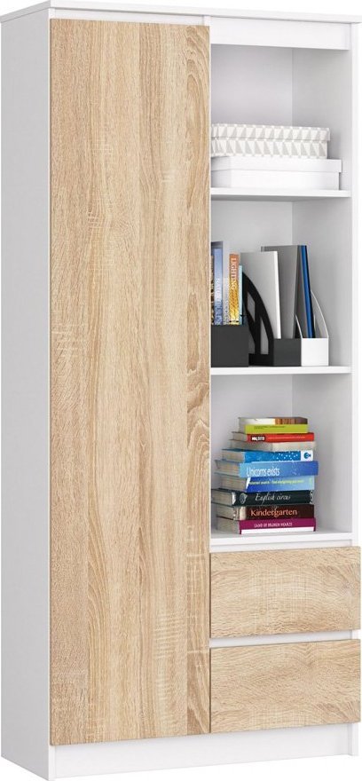 Elior Regał na książki z drzwiczkami biały + dąb sonoma - Benedik 3X