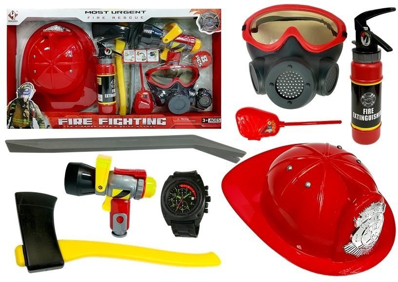 Zestaw Strażacki Kask Gaśnica Toporek Maska Łom Akcesoria Czerwony