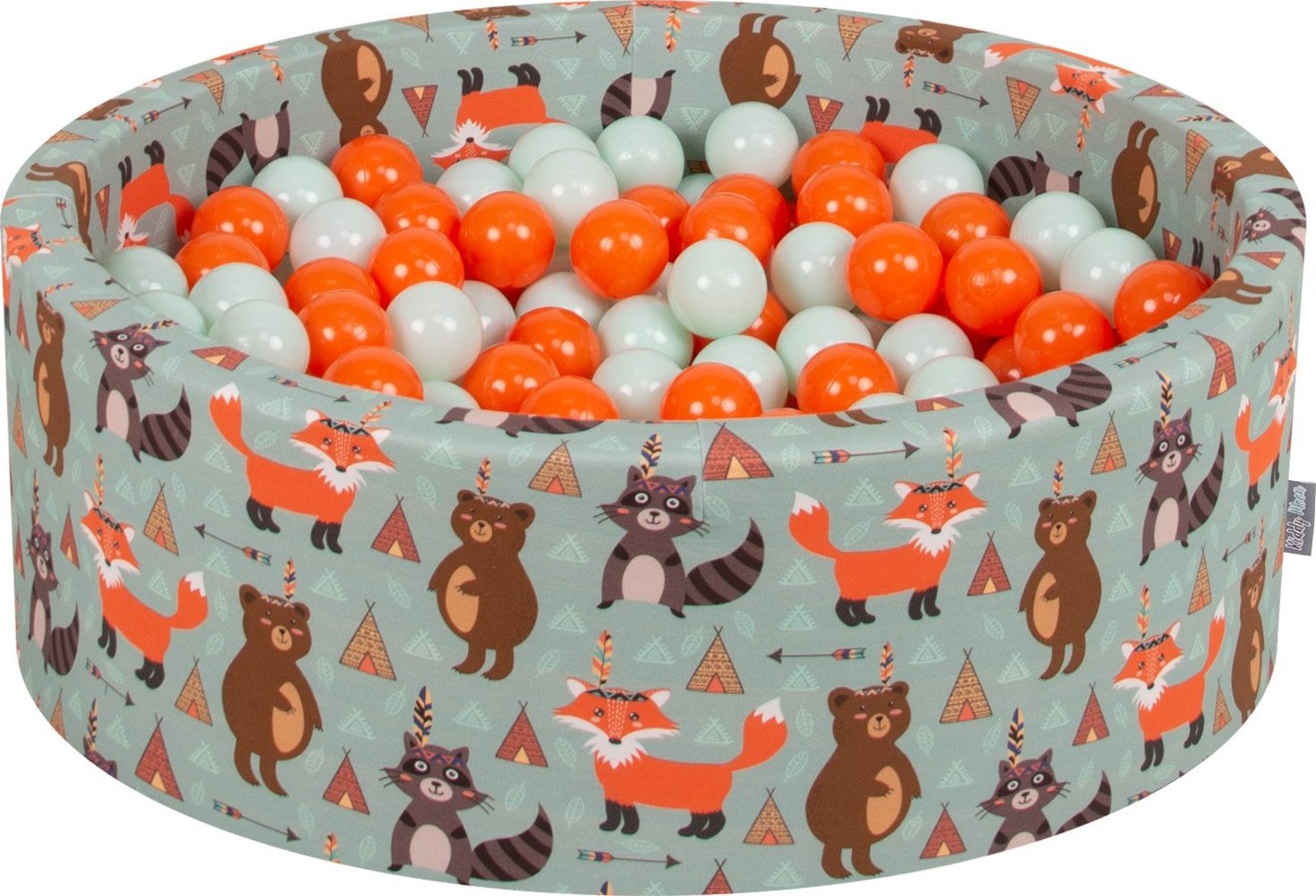 KiddyMoon KiddyMoon Suchy basen okrągły z piłeczkami 7cm liski-zielony: pomarańcz-mięta 90x30cm/300piłek Zabawka basen piankowy