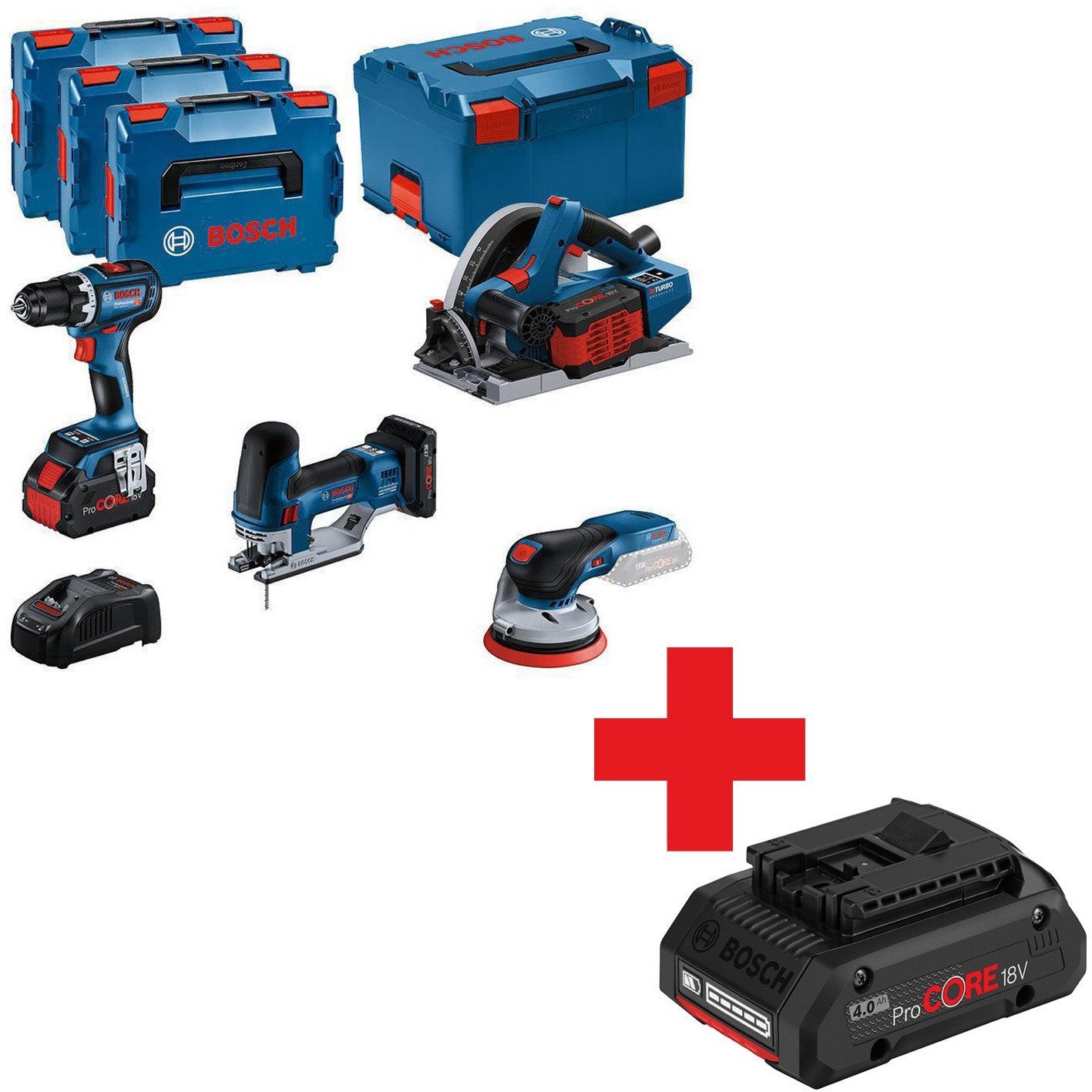BOSCH.COMBO KIT 18V (GSR 18V-90C + GKT 18V-52GC + GST 18V-155 SC + GEX 18V-125) 1xPC4,0Ah 2xPC5,5Ah ...
