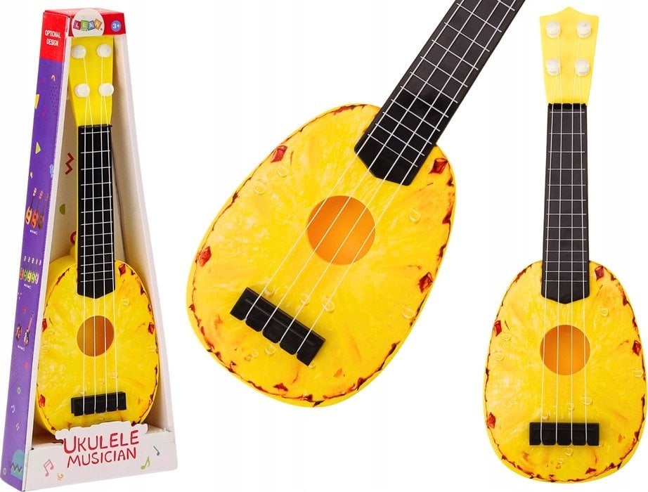 LeanToys Ukulele Dla Dzieci Mini Gitara 4 Struny Motyw Ananasa Gitarka Żółta 15″