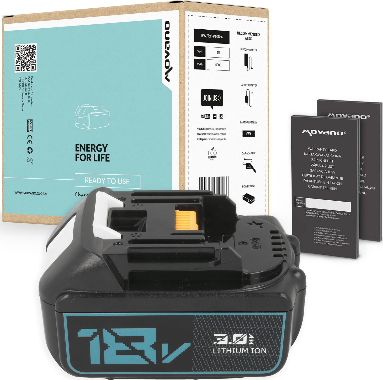 Bateria Movano do Makita BL1830, BL1850 (3000 mAh)