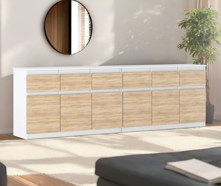 Komoda Pojemna Szafka Do Salonu Sypialni 240cm Z 6 Szufladami Biały Sonoma
